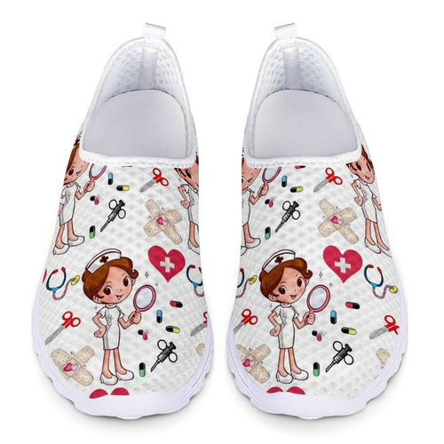 New Cartoon Nurse Doctor Print Women Sneakers Slip on Light