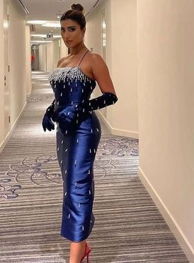 Sharon Said Navy Blue Spaghetti Straps Midi Evening Dress Lu