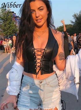 Nibber Sexy Punk Y2K Black PU Leather Crop Top Womens Backle