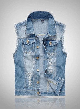 2023  Ripped Jean Jacket Men's Denim Vest Hip Hop Jean Coats