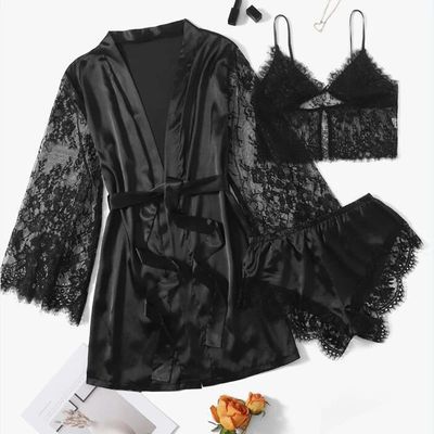 Luxury Fashion Sexy Black Lace Satin Sleepwear Women Ladies