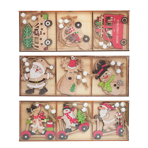 9pcs/box Christmas Car Wooden Pendants Xmas Tree Hanging Orn