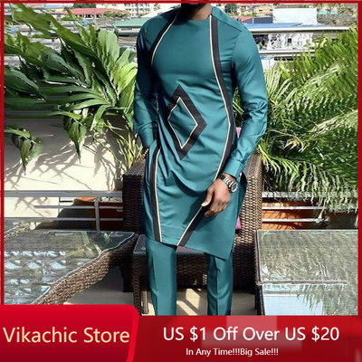 Dashiki African Clothing For Men Casual Green Geometric Prin