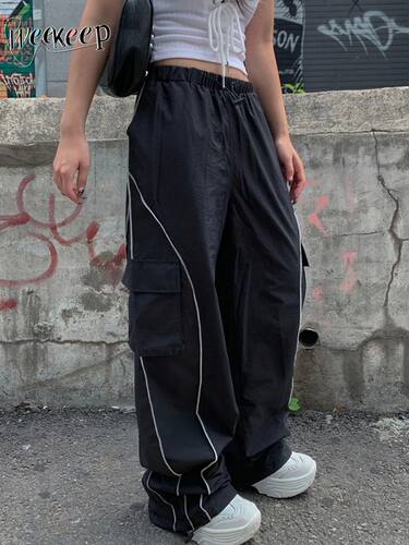 Weekeep Oversized Black Sweatpants Low Rise Side Stripe Basi