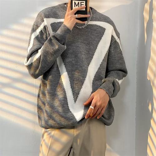 Oversize Knit Sweater Men Korean Style Design Round Neck Cas