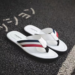 Qmaigie Men slippers Fashion Leather flip flops men Handmad