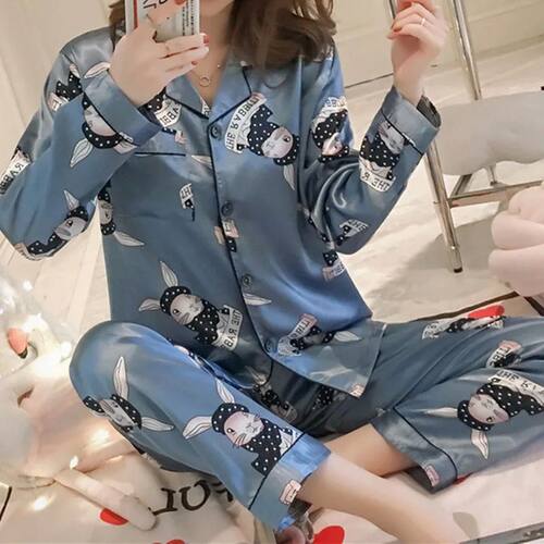 Satin Silk Pajamas Set for Women's Pyjama Suit Printing Long
