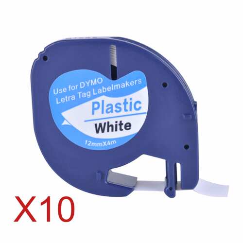 10 Compatible Dymo LetraTag 91201 Black on White (12mm x 4m)