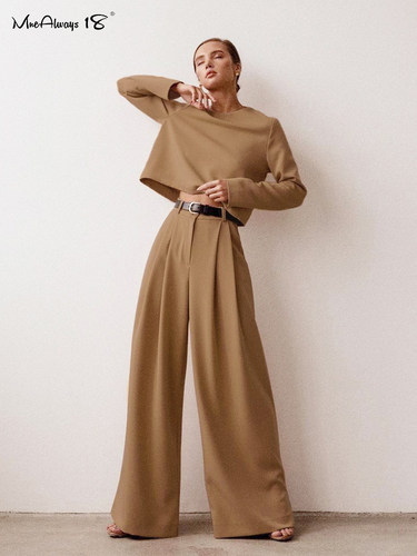 Mnealways18 Classic Wide Pants Floor-Length Pleated Loose Wo