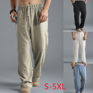 Mens Summer Casual Cotton Linen Loose Drawstring Yoga Pants