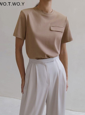 WOTWOY Summer Casual Solid T-shirts Women Fake Pocket O-Neck