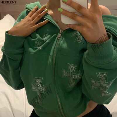 Vintage rhinestone graphics Oversized Hoodies Female Zip Up