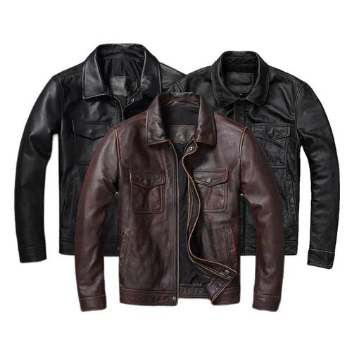 Vintage Brown Red Genuine Leather Jacket Men 100% Cowhide Na