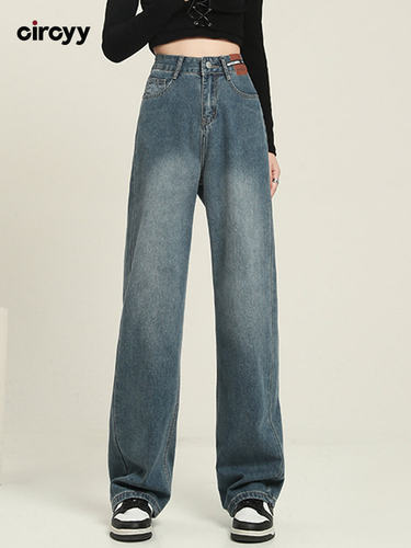 Blue Jeans Woman Denim Pants High Waisted Wide Leg Pocket Tr