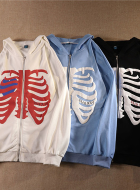 Y2K Pullover Skeleton Hoodies Men Women Gothic Zip Up Oversi