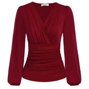 Shirt Vintage Blouse Women Def Sleeve Ruched Lantern Long