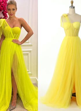 Real Photo Yellow One-Shoulder Prom Dress Sweetheart Long Pl
