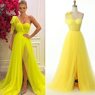 Long One Photo Sweetheart Yellow Dress Real Prom Shoulder