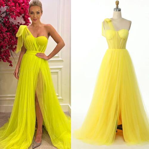Real Photo Yellow One-Shoulder Prom Dress Sweetheart Long Pl