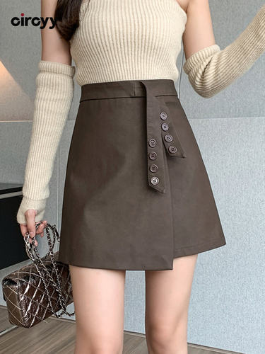 Leather Skirt High Waist Balck A-Line  Skirts Spring Irregul