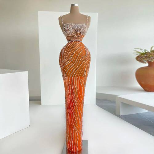 Sharon Said Orange Spaghetti Straps Mermaid Evening Dresses