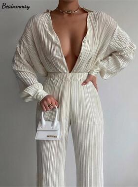 Ladies Shirt Suits Pleated Notched Single-Breasted Female Ca