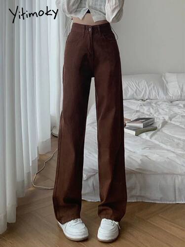 Cotvotee Brown High Waisted Jeans for Women Straight Wide Le