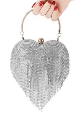 Rhinestone Evening Bag Heart Pattern Silver Clutch Womens Fa