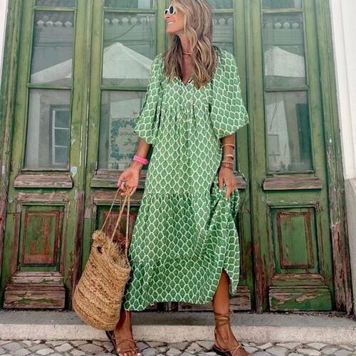 Puff Sleeve Boho Maxi Dress Elegant Women Summer 2022 Casual