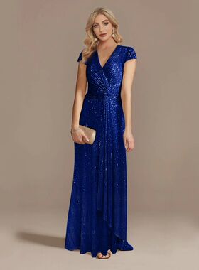 Lucyinlove New Luxury Blue V-Neck Sequin Evening Dresses Ele