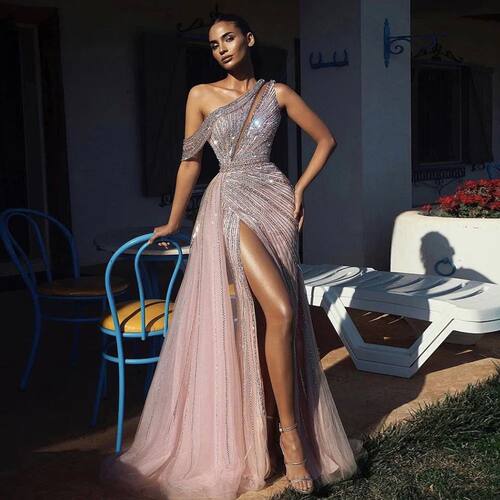 Sharon Said Luxury Rose Pink One Shoulder Mermaid Evening Dr