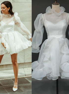Real Photos Mini Organza Long Bishop Sleeves Micro Wedding D