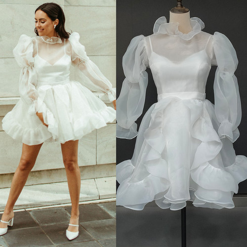 Real Photos Mini Organza Long Bishop Sleeves Micro Wedding D