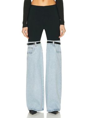 Women High Waist Wide Leg Jeans Patchwork Multicolor Elastic