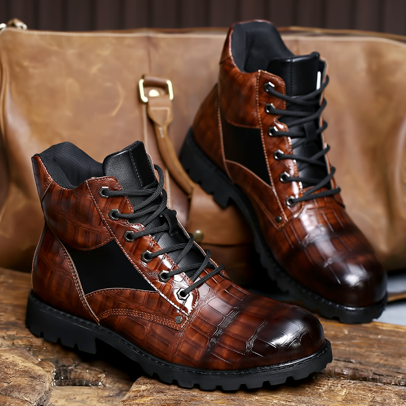 Men Boots Autumn Spring Leather Round Toe Grid Pattern Squa
