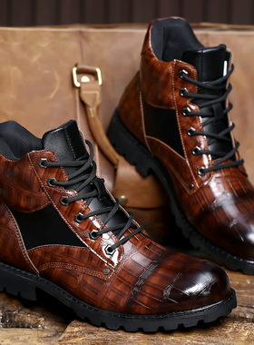Men Boots Autumn Spring Leather Round Toe Grid Pattern Squa