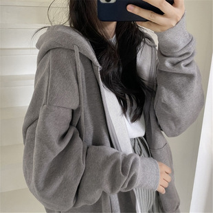 Womens Oversized Hoodies Harajuku Solid Color Zip Up Pocket