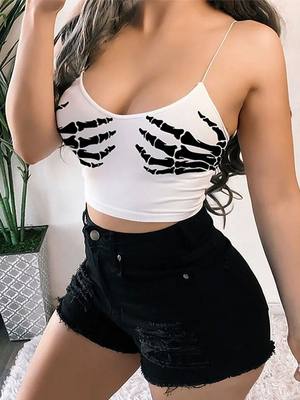 Gothic Skeleton Hand Print Bodycon Crop Tops Women Sexy V-ne