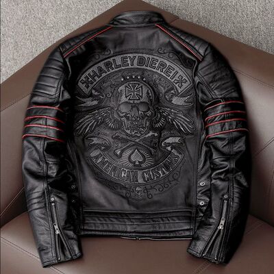 Men's Spring Original Leather Motorcycle Jacket 2022 Skull E