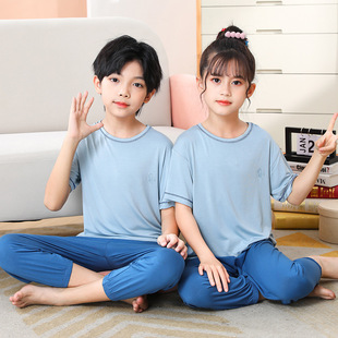 睡衣女童空调服九分裤 儿童莫代尔家居服套装 短袖 薄款 中大男童夏季