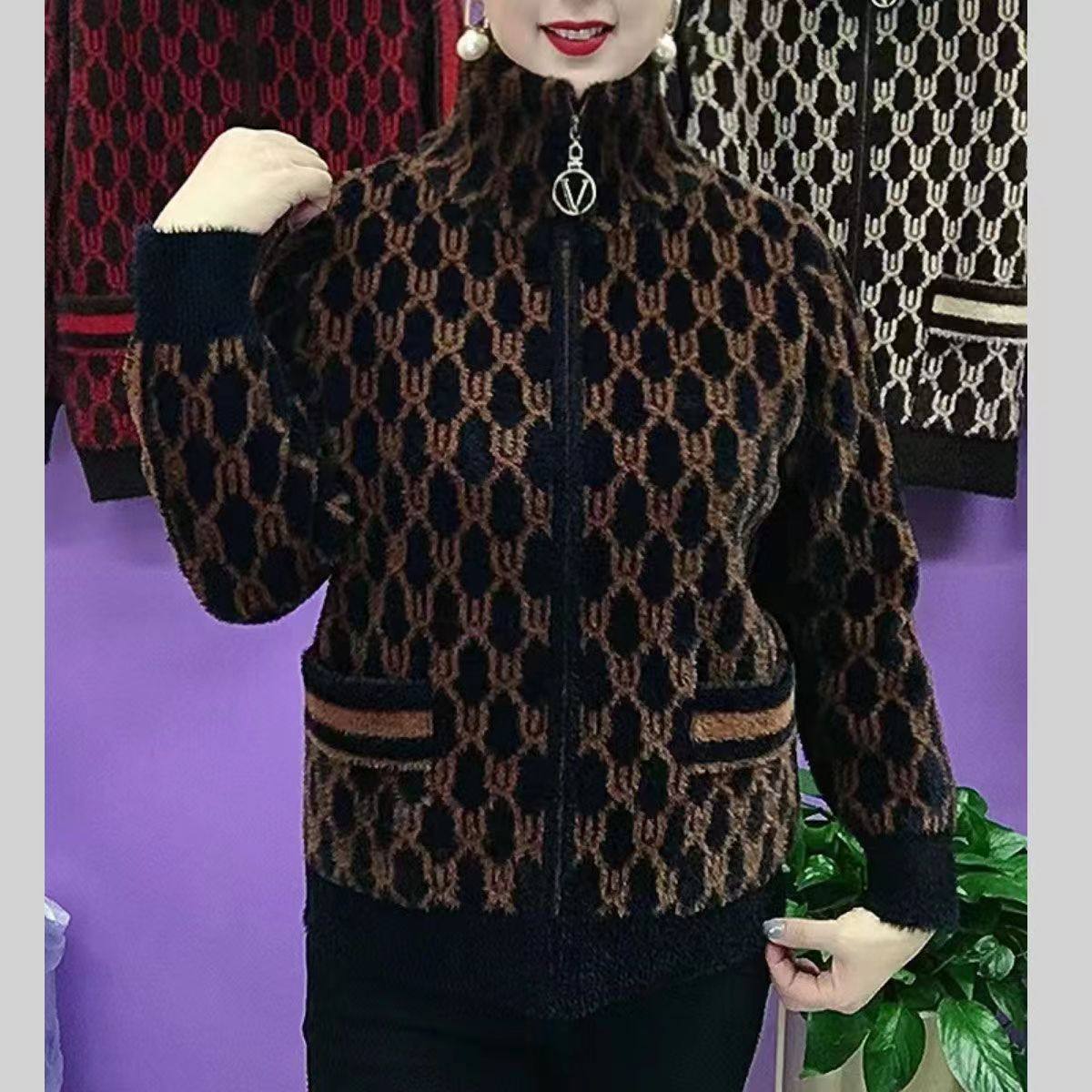 秋冬新款中老年妈妈装仿水貂绒针织上衣气质女装翻领拉链百搭外套