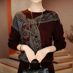 红色印花圆领长袖针织衫女百搭显瘦气质毛衣羊毛衫时尚