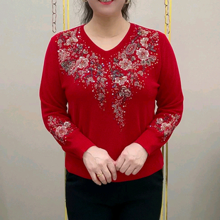 重工刺绣V领套头针织衫女红色长袖百搭减龄毛衣上衣妈妈装大红色