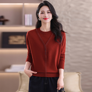 红色假两件圆领针织衫女套头毛衣洋气显瘦打底衫上衣