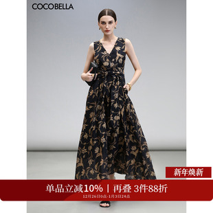 COCOBELLA莱赛尔花卉大摆连衣裙度假风深V领大女主长裙FR0058