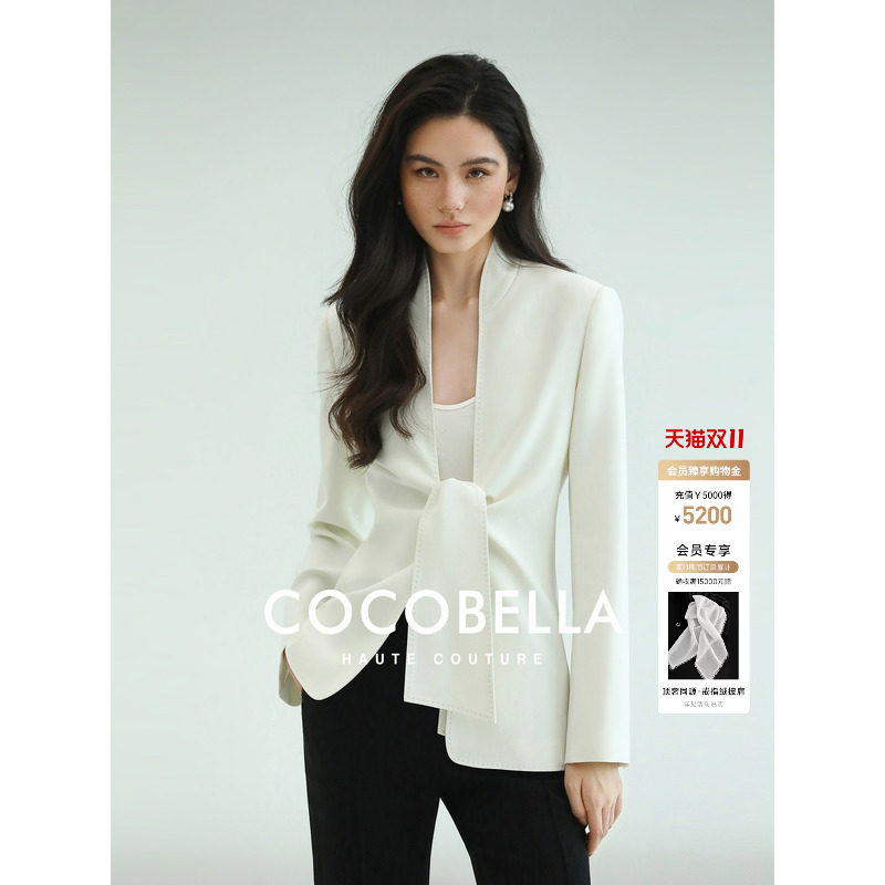预售COCOBELLA【美国naia醋酸】高级白西装女新款设计感系带外套