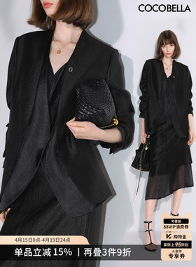 COCOBELLA轻奢人丝无领假两件西装女春黑色气质通勤外套SI533B-3