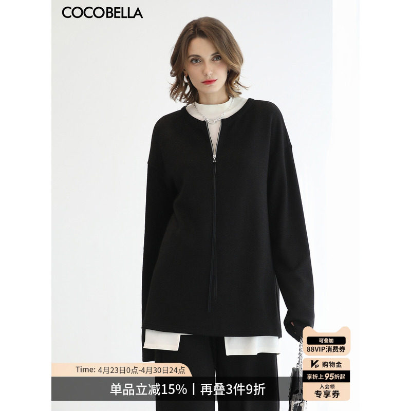 COCOBELLA时尚圆领黑色拉链毛衣女气质通勤套头针织衫MZ3301-2