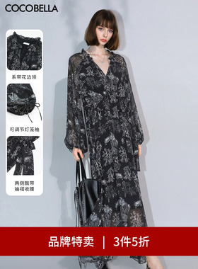 【3件5折】COCOBELLA植物印花飘逸大摆连衣裙V领女人味长裙FR3060