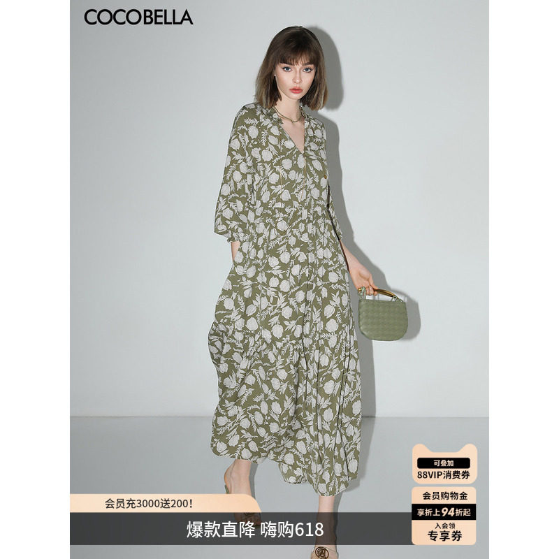 COCOBELLA田园度假风长袖雪纺连衣裙女高腰遮肉印花茶歇裙FR113